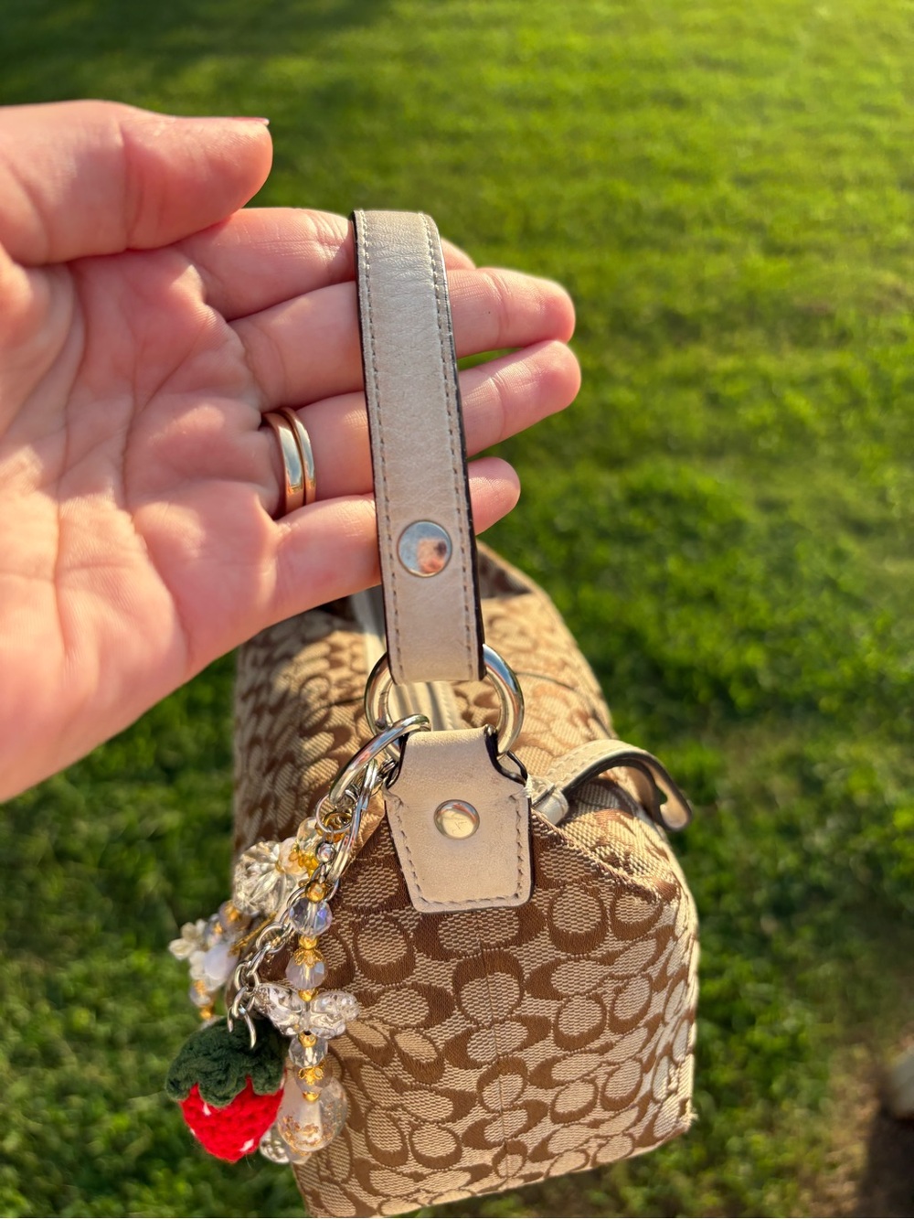 Coach Brown Signature Jacquard Mini Shoulder Bag with Charm - Picture 6 of 7